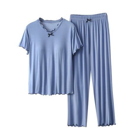 JIUKE Womens 2 Piece Pjs Outfits Summer Loose Comfy Sets Bra Padded Plain Tshirts High Waisted Pants Sets