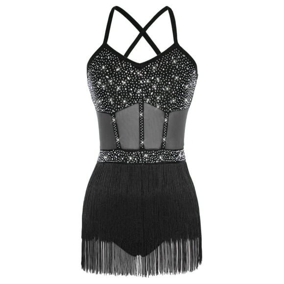 Moggemol Womens Rhinestone Latin Tango Dance Leotard Dress Tassel Fringe Leotard Dress Dancewear Black L