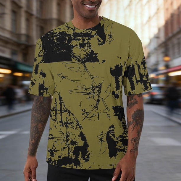 Ceisia Men's Abstract Splash Print T-shirt Loose Fit Short Sleeve Round Neck Casual Summer Fall Tee Tops Yellow XXXL Gifts