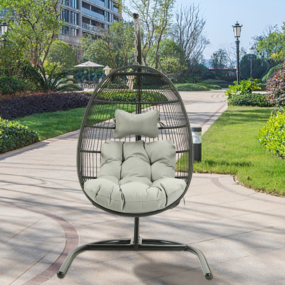uhomepro Outdoor Egg Chair Patio Furniture, Hanging Wicker Egg Chair with Stand, Hammock Chair, Swinging Egg Chair, Swing Chair for Beach, Backyard, Balcony, Lawn Seating, Light Gray Cushion, W11049 - image 2 of 11
