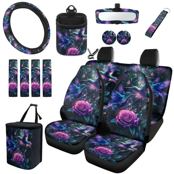 Jeiento Purple Rose Hummingbird Car Seat Cover Set, Auto Steering Wheel Cover Seat Belt Strap Trash Bag Air Vent Storage Organizer Rear View Mirror Cover Coasters Keychain for Women