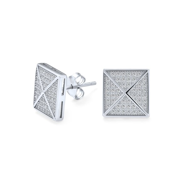 Bling Jewelry Mens Men's Square CZ Stud Earrings, Sterling Silver, 9-11 MM Pyramid Design