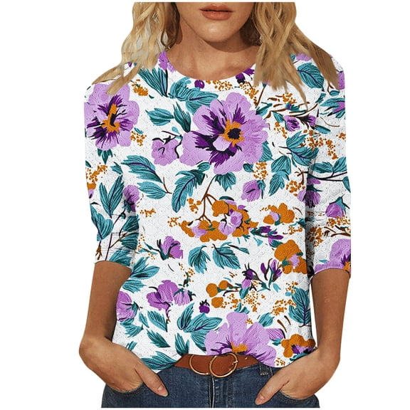 Jsaierl 3/4 Sleeve Womens Tops Summer Round Neck Shirts Fashion Print Petite Hollow Out Blouses Work Loose Fit T-shirts Top S-2XL