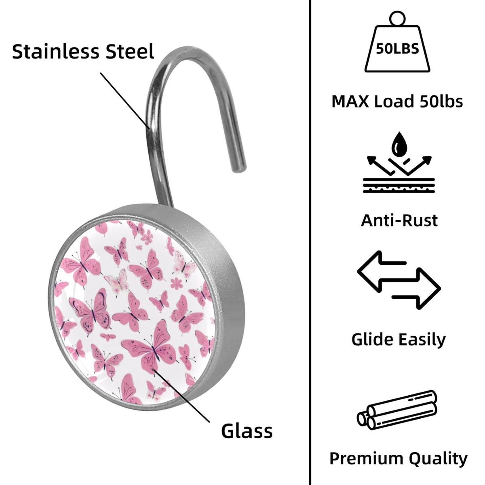 12pcs Decorative Shower Curtain Hooks, Rust Resistant Shower Rings for Bathroom Living Room,Rustproof Stainless Steel Rings for Shower Curtain and Liner Rods,Butterflies Pink