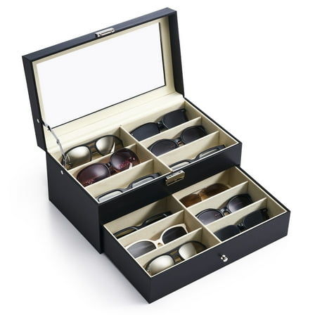 Leatherette Sunglasses Storage Box Eyeglasses Eyewear Organizer Display Case with Lock(12 compartments)