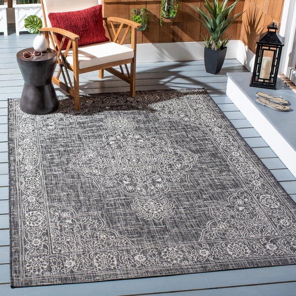 SAFAVIEH Courtyard Chao Medallion Indoor/Outdoor Area Rug, Grey/Black, 5'5" x 7'7"