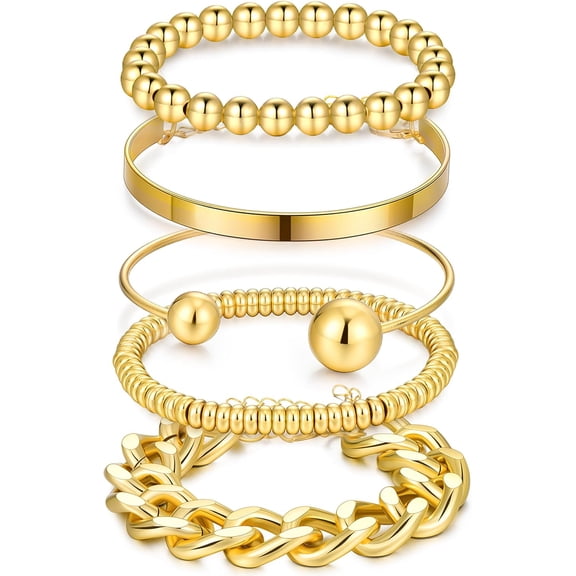 Soleilie Gold Bracelets Stack for Women Trendy, 5 Pcs Chunky Adjust Chain Beaded Cuff Bangles Bracelet Pack, Stackable Women's Gold Bracelets Set