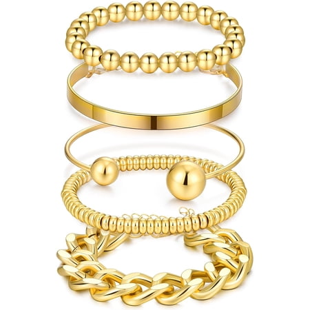 Soleilie Gold Bracelets Stack for Women Trendy, 5 Pcs Chunky Adjust Chain Beaded Cuff Bangles Bracelet Pack, Stackable Women's Gold Bracelets Set