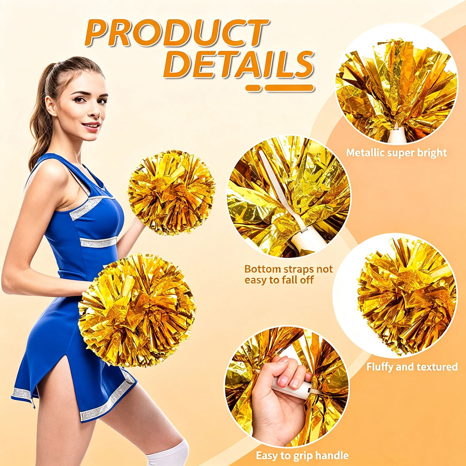 14 Inch Large  Cheerleading Pom Poms, Metallic Shiny Double Head Cheer Pom Poms with Comfort Grip Handle for Sports Party Festival（2 pcs)