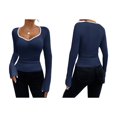 thumbnail image 3 of Camiseta de Larga con Cuello Redondo Estilo Y2K para Mujer, de Color Liso, Ideal para , Otoño e Invierno. para un Look Casual de Negocios. Azul Marino L, 3 of 7