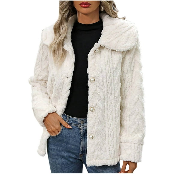 Bowake Women's Fuzzy Jackets Loose Buttons Down Collared Fleece Coat Winter Solid Color Warm Outerwear