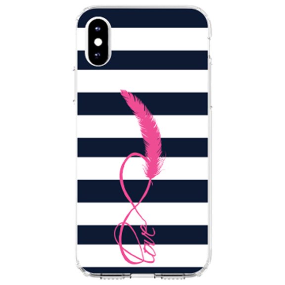 DistinctInk Clear Shockproof Hybrid Case for iPhone XR (6.1" Screen) - TPU Bumper, Acrylic Back, Tempered Glass Screen Protector - Navy White Stripes Pink Love - Chevron Stripes Pattern