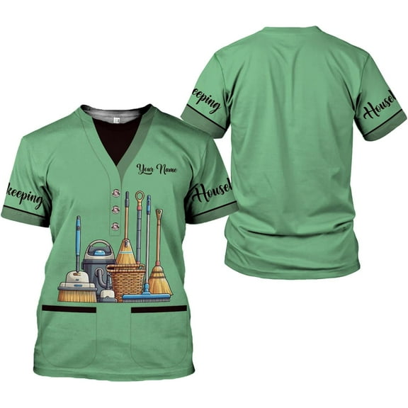 Personalized Housekeeping Shirts, Custom Cleaning Uniforms for Women 3D Cleaning Service Gifts Housekeeper Shirt Clean Lady (Green, 4XL)