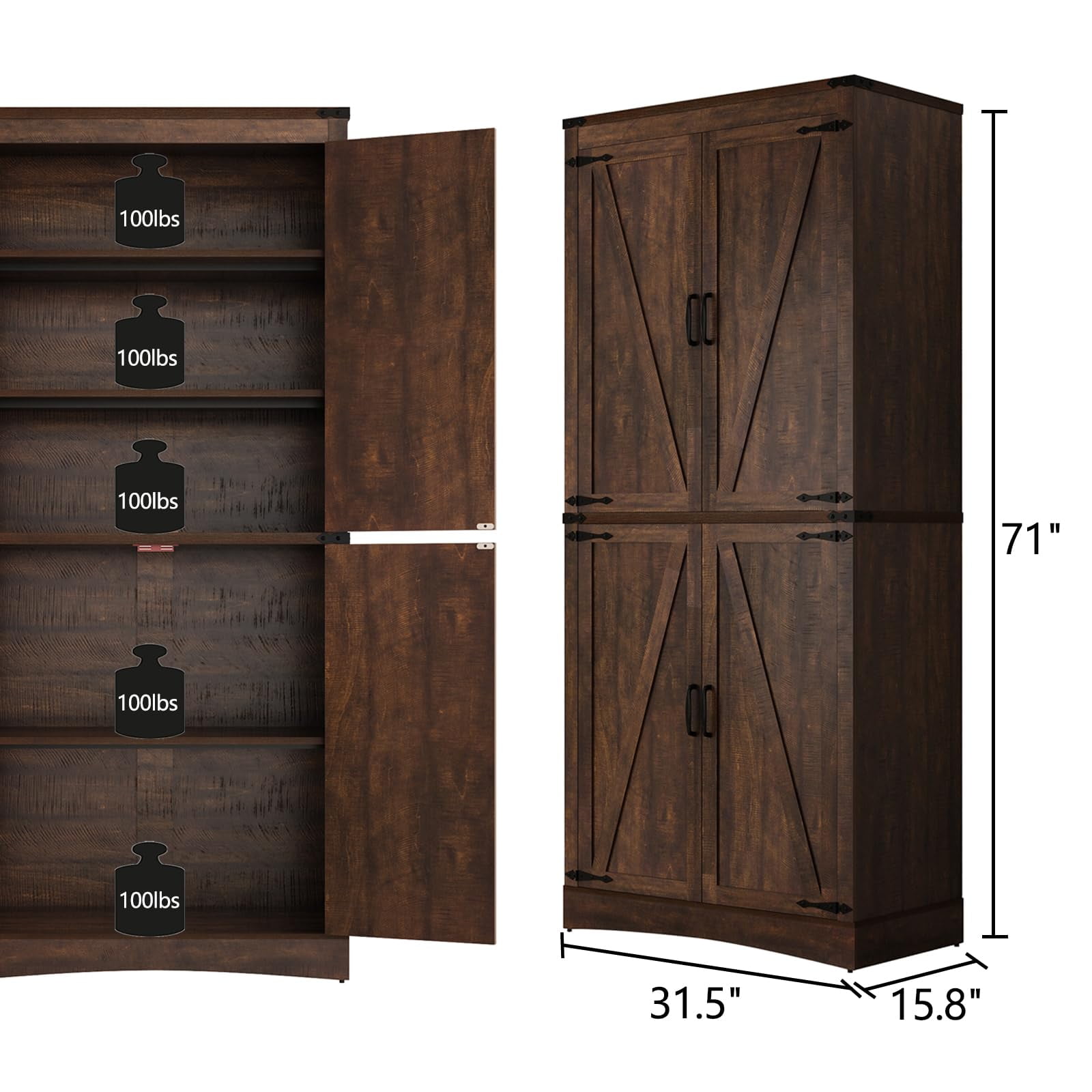 ChVans 71" Tall Farmhouse Kitchen Pantry Storage Cabinet, 5 Layers Freestanding Cupboard with Adjustable Shelves & Load-Bearing Steel Pipe & 4 Barn Doors for Kitchen, Dining Room, Living Room, Brown