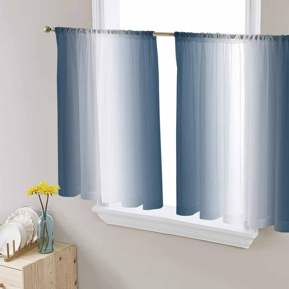 Dark Blue White Ombre Sheer Curtains 54 Inches Length 2 Panels Set, Window Sheer Curtains for Living Room/Bedroom, Vintage Chic Gradient Minimalist Light Filtering Rod Pocket Curtain 52'' x 54'' x 2