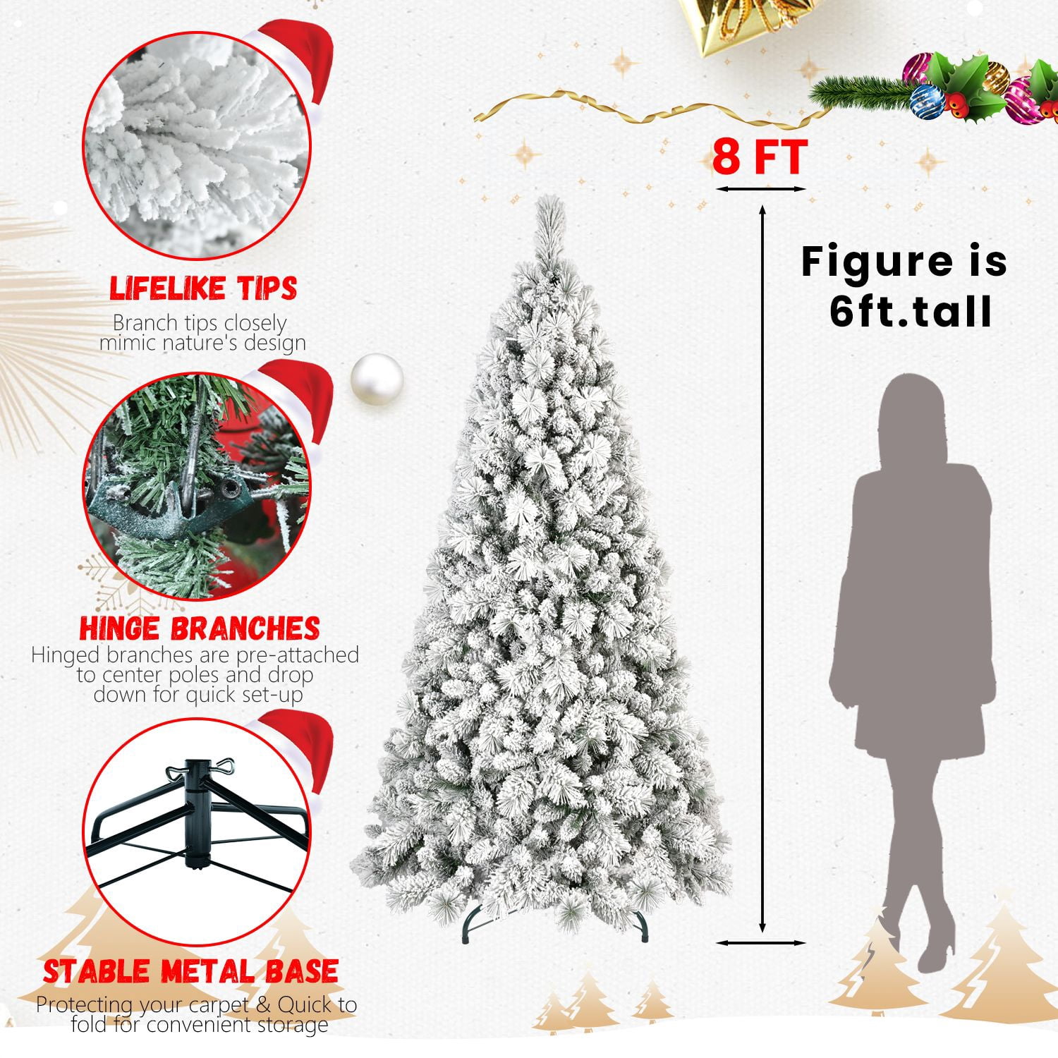 8FT Pre-Lit Snow Flocked Christmas Tree Artificial Pine Tree with 600 Lights