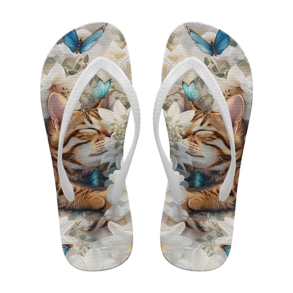 Chririnla Cat Floral Flip Flops for Women Casual Lightweight Soft Footbed Thong Sandals Non-Slip Quick Dry Fashion Flats Slippers for Vacation Walking