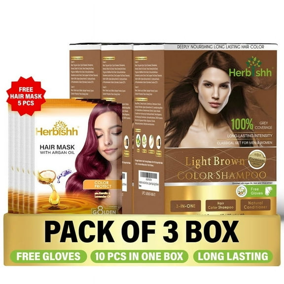 Herbishh Hair Color Shampoo for Grey Hair – Hair Dye Shampoo with Bio-Active Ingredients – Long Lasting Color – Travel-Friendly Pack (30 x 30ml Sachets) 5 Pack Hair Mask Sachets (Light Brown)