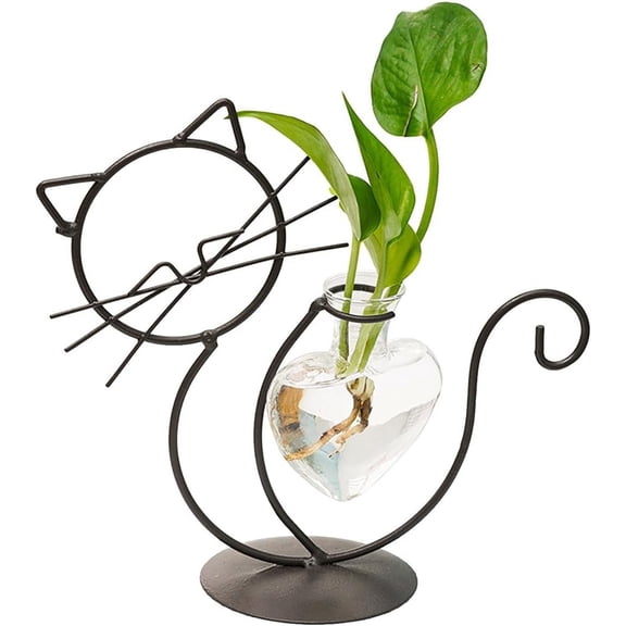 Rungungde Desktop Glass Planter Vase Holder Metal Stand Cat Planter Indoor Plant Propagation Stations Unique Plant Terrarium Home Decor Cat Themed Gifts (B)