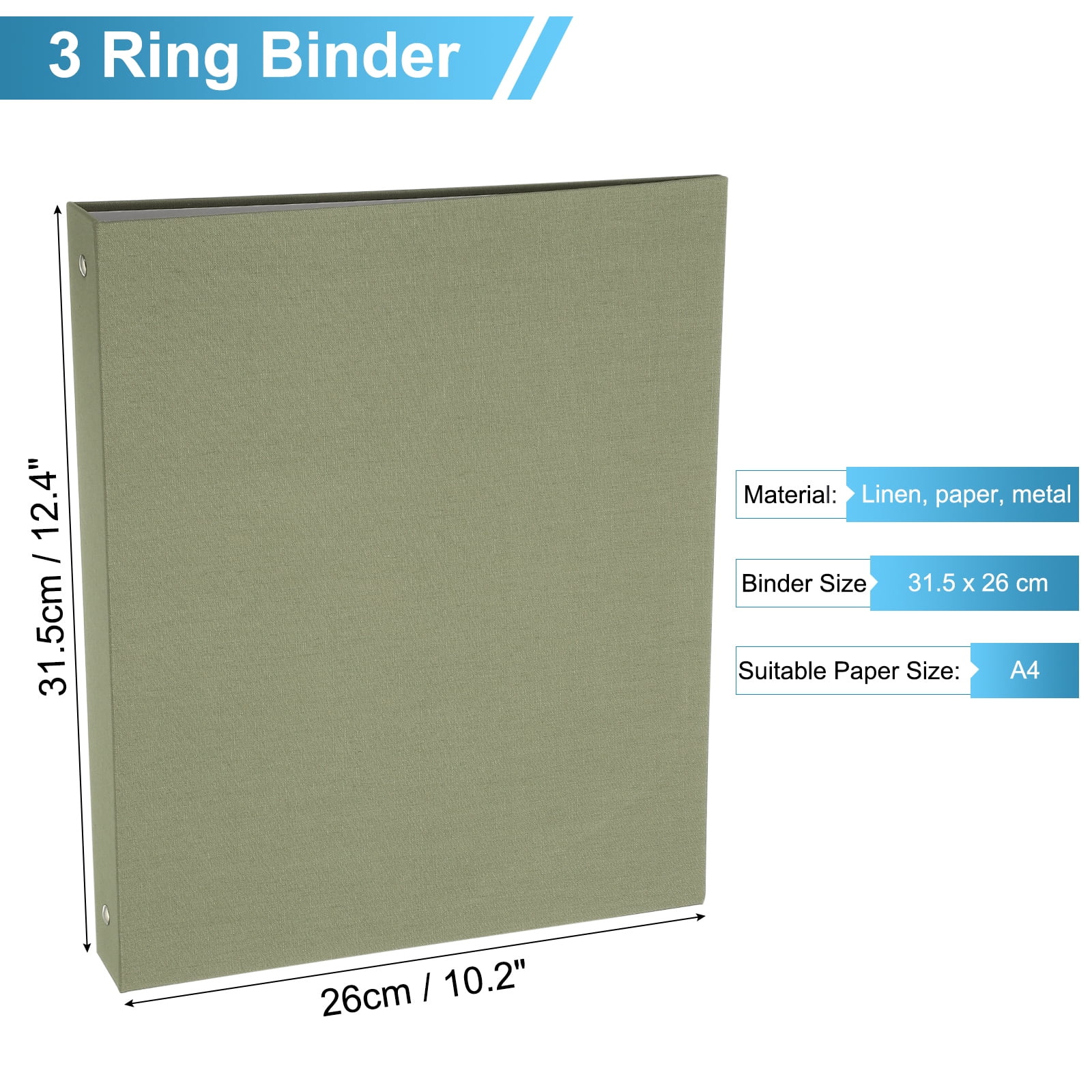 Uxcell 3 Ring Binder, A4 Size Flexible Round Binder Big Capacity Linen Planner Binder for Business Home Classroom, Green