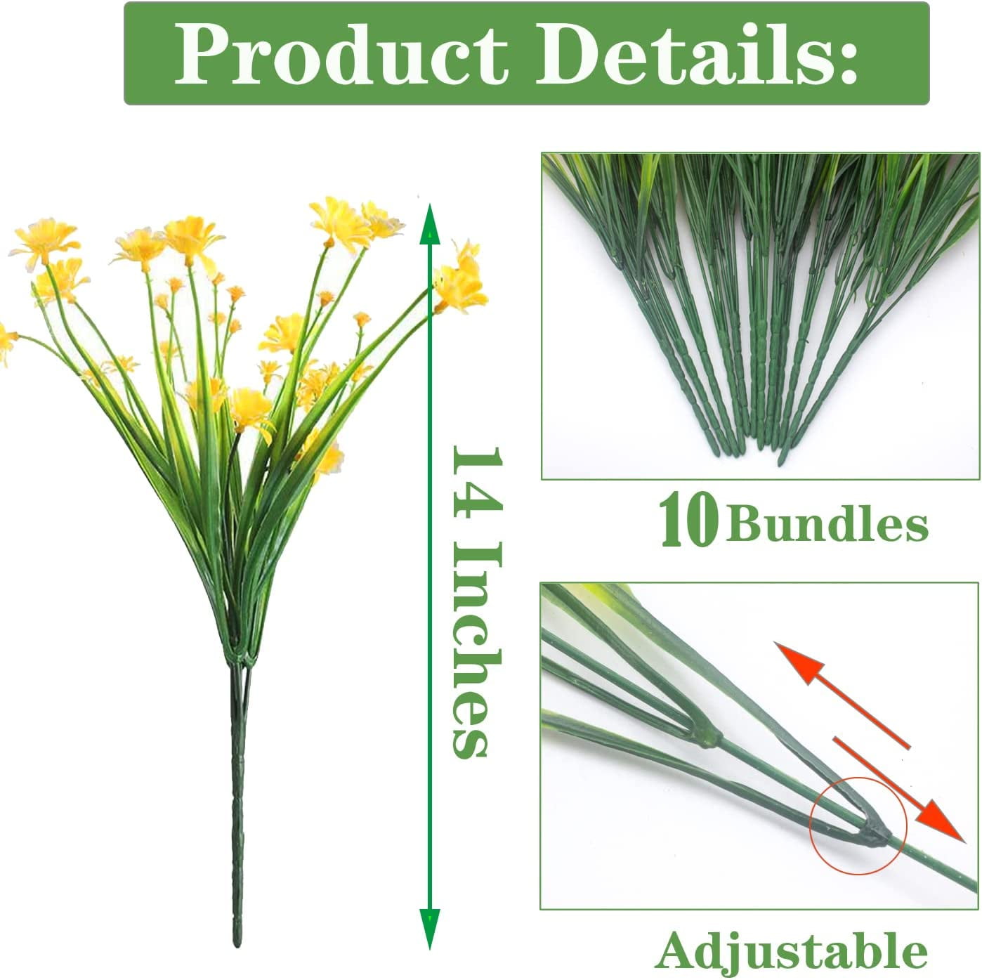 Viworld 10 Bundles Outdoor Artificial Daisy Fake Flowers UV Resistant Plants, Faux Plastic Greenery for Indoor Hanging Plants Garden Porch Window Box Home Wedding Farmhouse Decor (Yellow)