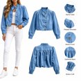 thumbnail image 6 of Women's Puff Sleeve Cropped Denim Jacket Stand Collar Button Front Loose Fitting Short Jean Outerwear Sky Blue L, 6 of 10
