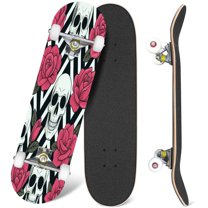 31'' Complete Skateboard 7 Layer Canadian Maple Double Kick Deck Skateboards Skull pink roses geometric Skate Board for Beginner Adult Gifts