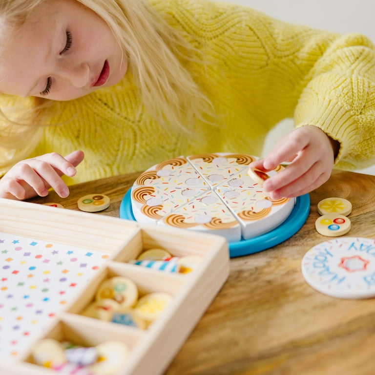 Melissa Doug Birthday Party Cake Wooden Play Food With Mix n Match Toppings and 7 Candles