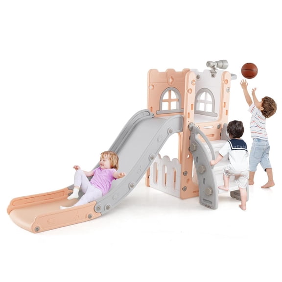 Spaco 6-in-1 L-Shaped Toddler Slide, Basketball Hoop, Telescope Climber, Non-Slip Steps, Pink