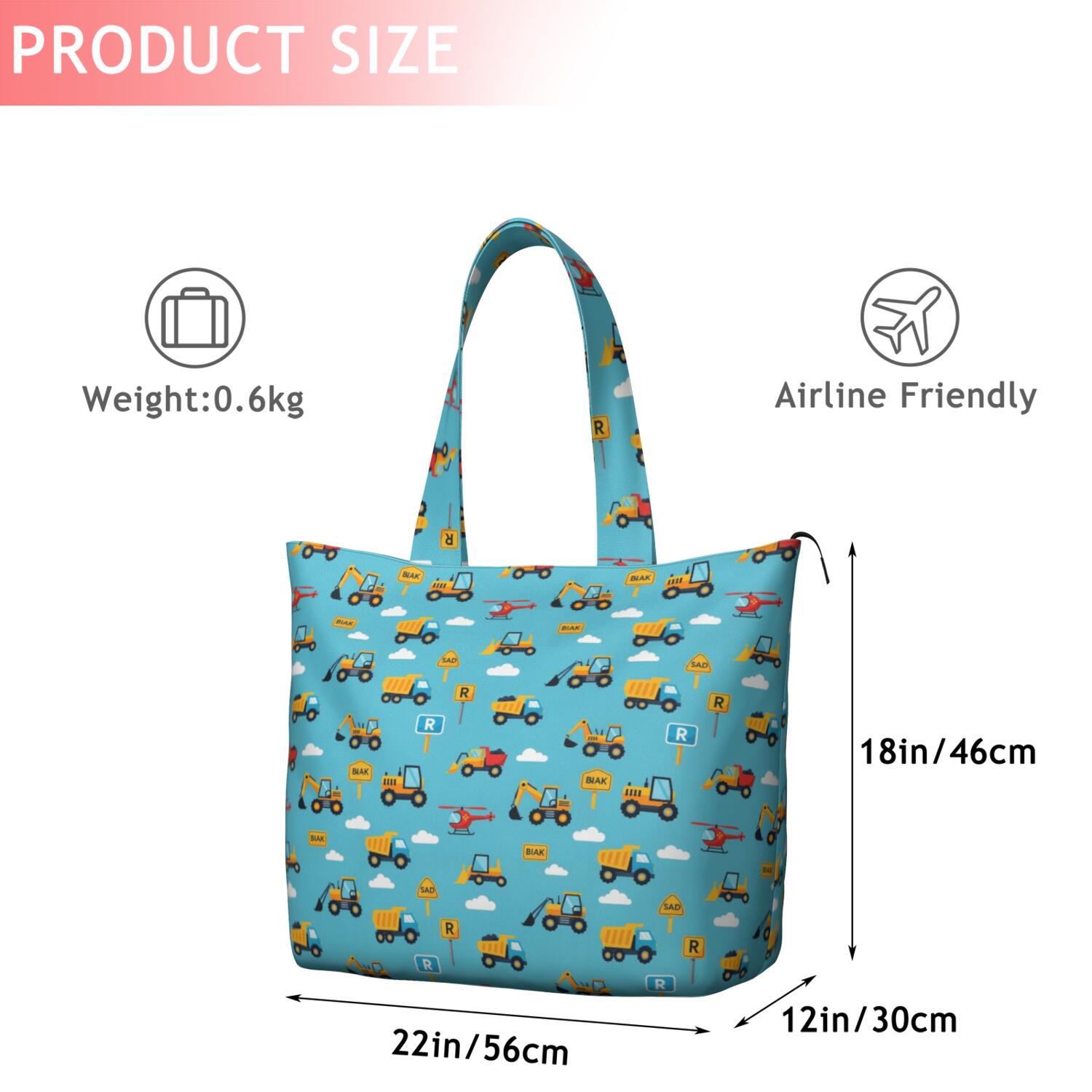 Cartoon Construction Vehicles Signs Blue Pattern Travel Tote Bags for Women Carry On,Large Weekender Bags for Women Travel,Multi Functional Duffle Bag for Work,Shopping,Sports