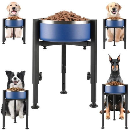 Elevated Dog Bowl Feeder, Adjustable Height Metal Frame Pet Dish Holder, Single Raised Stand with Blue Stainless Steel Bowl for Large Medium Dogs