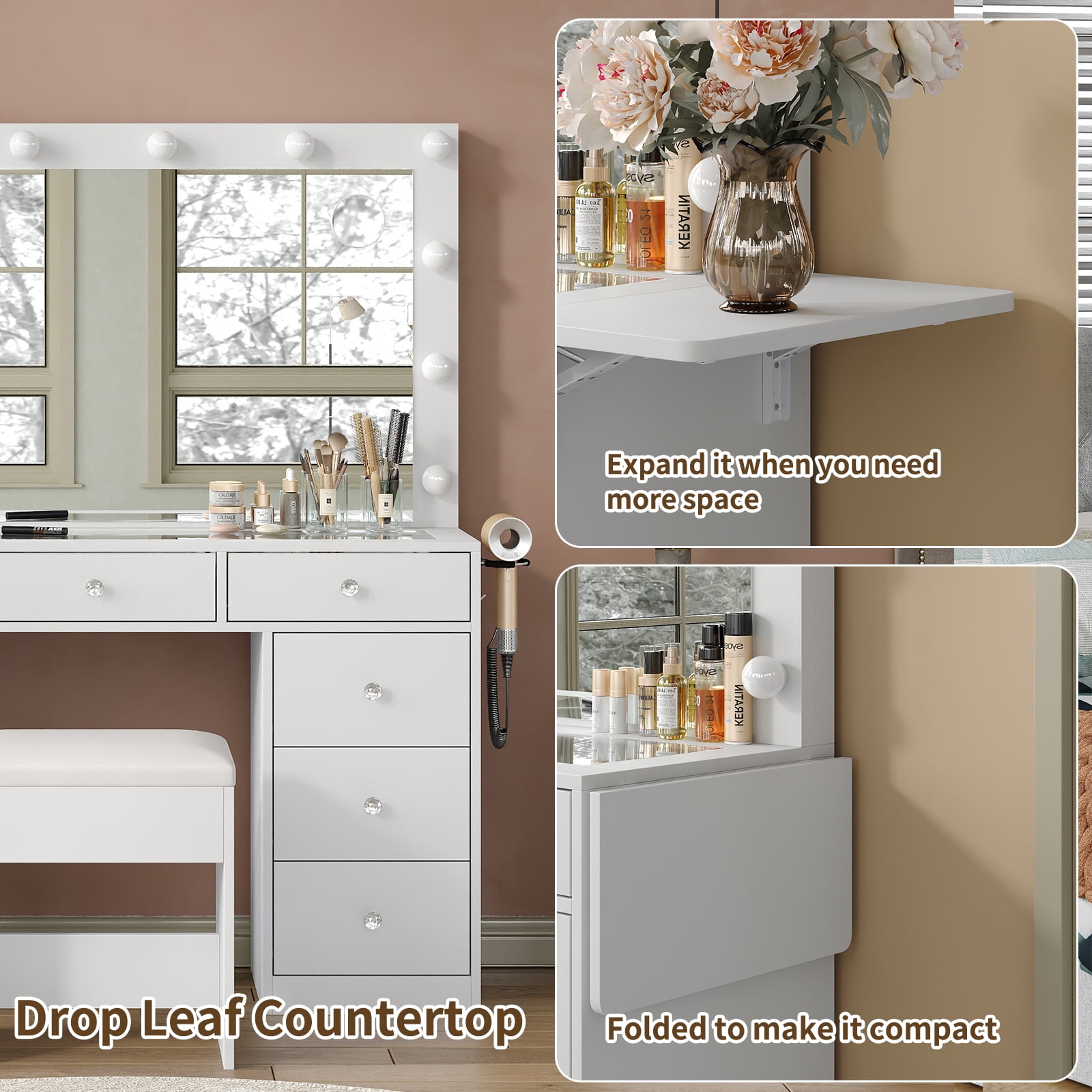 Make-up table, equipped with power socket, 9 drawers, 12 LED lights in the mirror, 3 lighting modes, glass tabletop and stool, foldable panel.