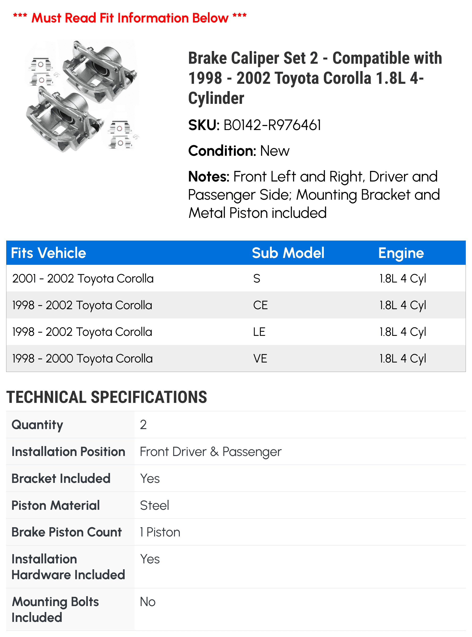 Brake Caliper Set 2 - Compatible with 1998 - 2002 Toyota Corolla 1.8L 4-Cylinder - Autopart Premium