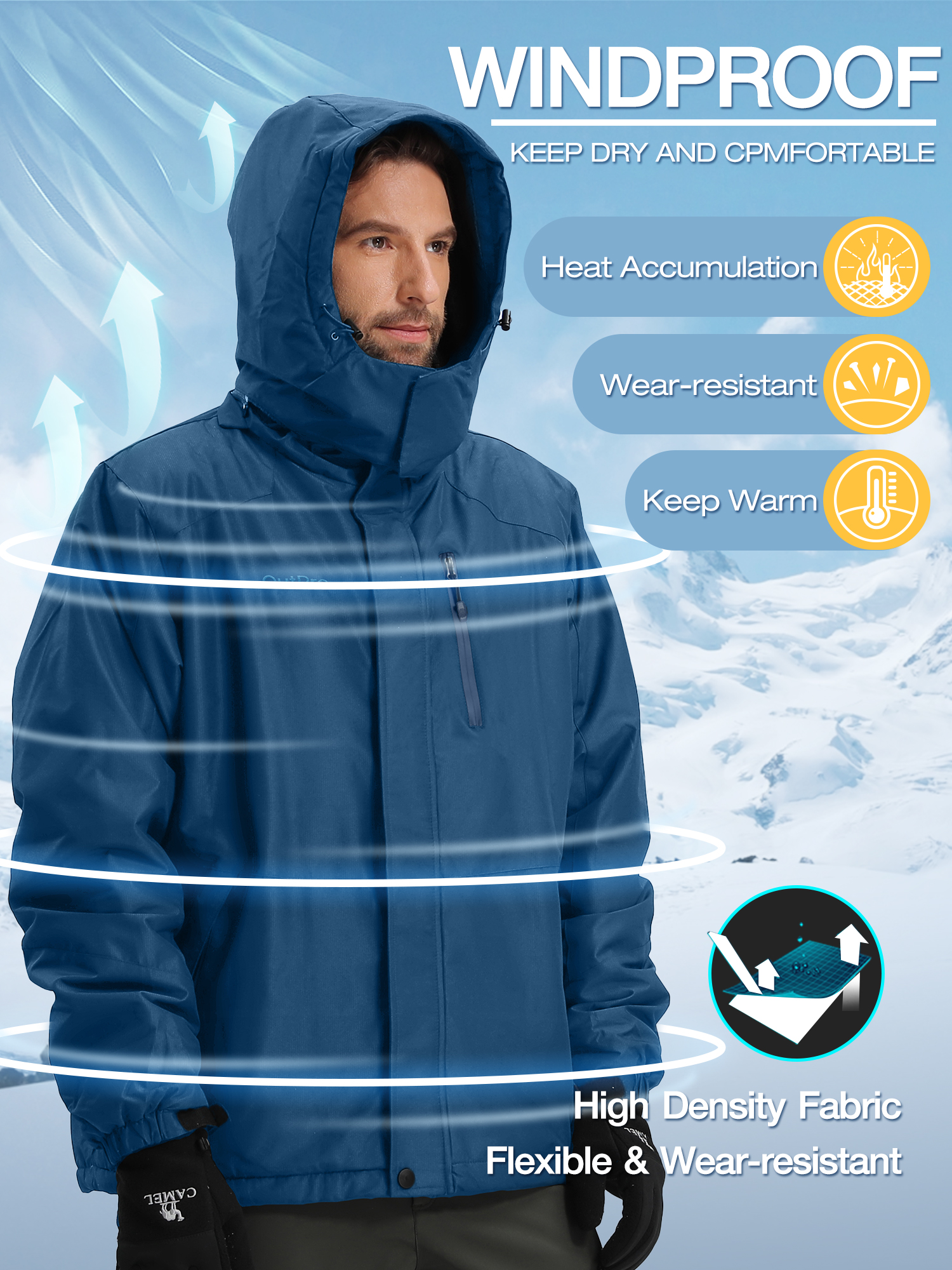 OutPro Mens Ski Jacket Hood Male Windproof Winter Coat Outerwear Waterproof Hiking Trekking Skiing Jackets Blue M