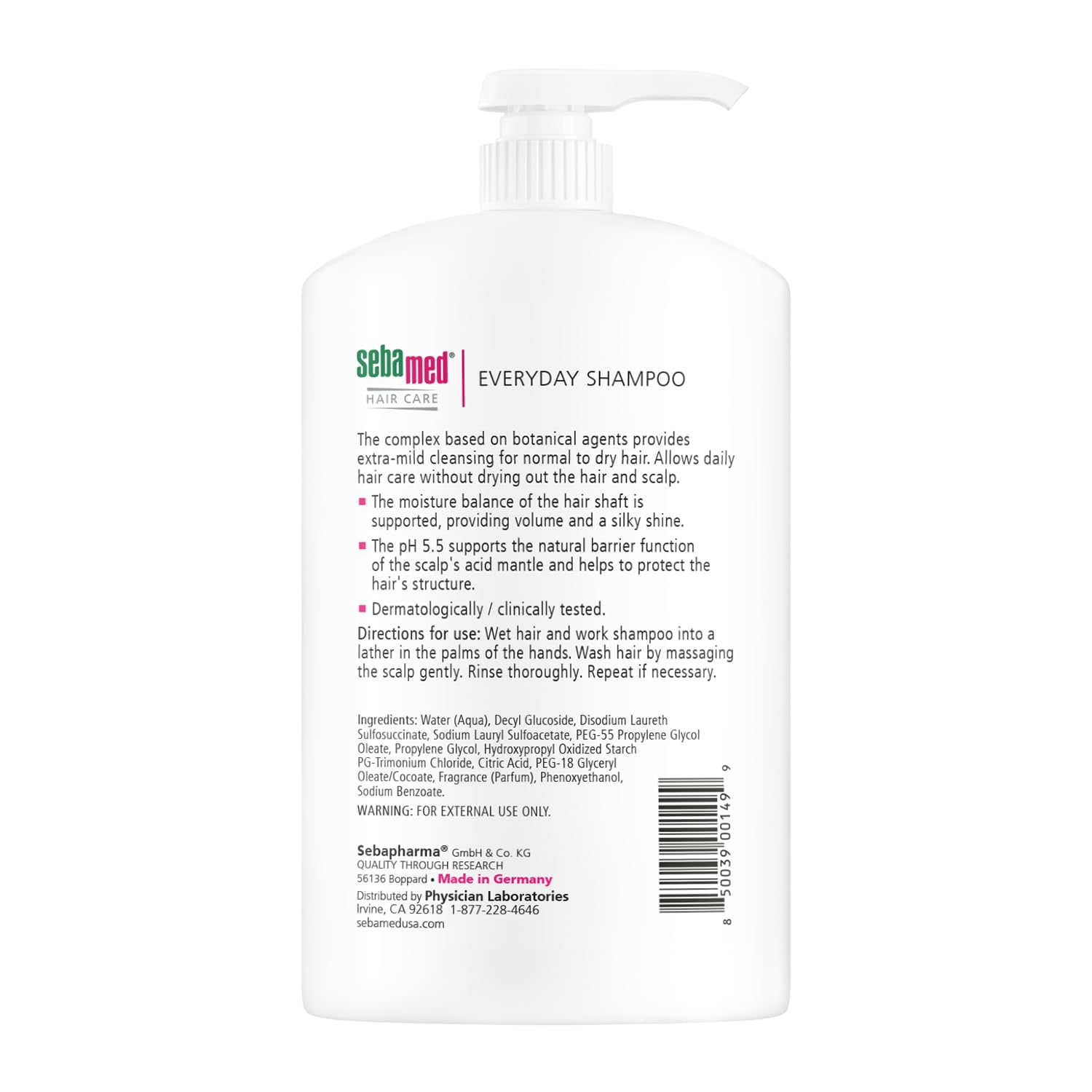 seba med Everyday Shampoo for All Hair Types and Sensitive Scalp 33.8 Fl. Oz (1L) Hypoallergenic Dermatologist Recommended pH 5.5 Soap and Alkali