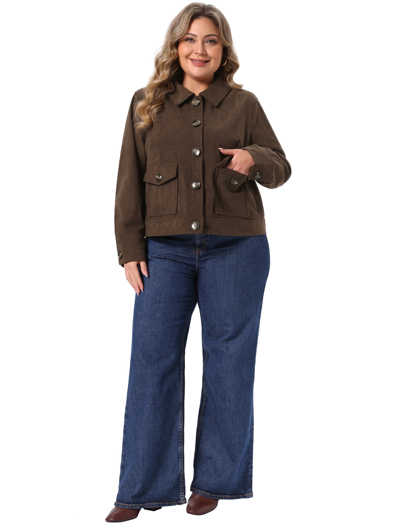 DARING DIVA Women's Plus Corduroy Long Sleeve Button Pockets Jacket 4X Dark Brown