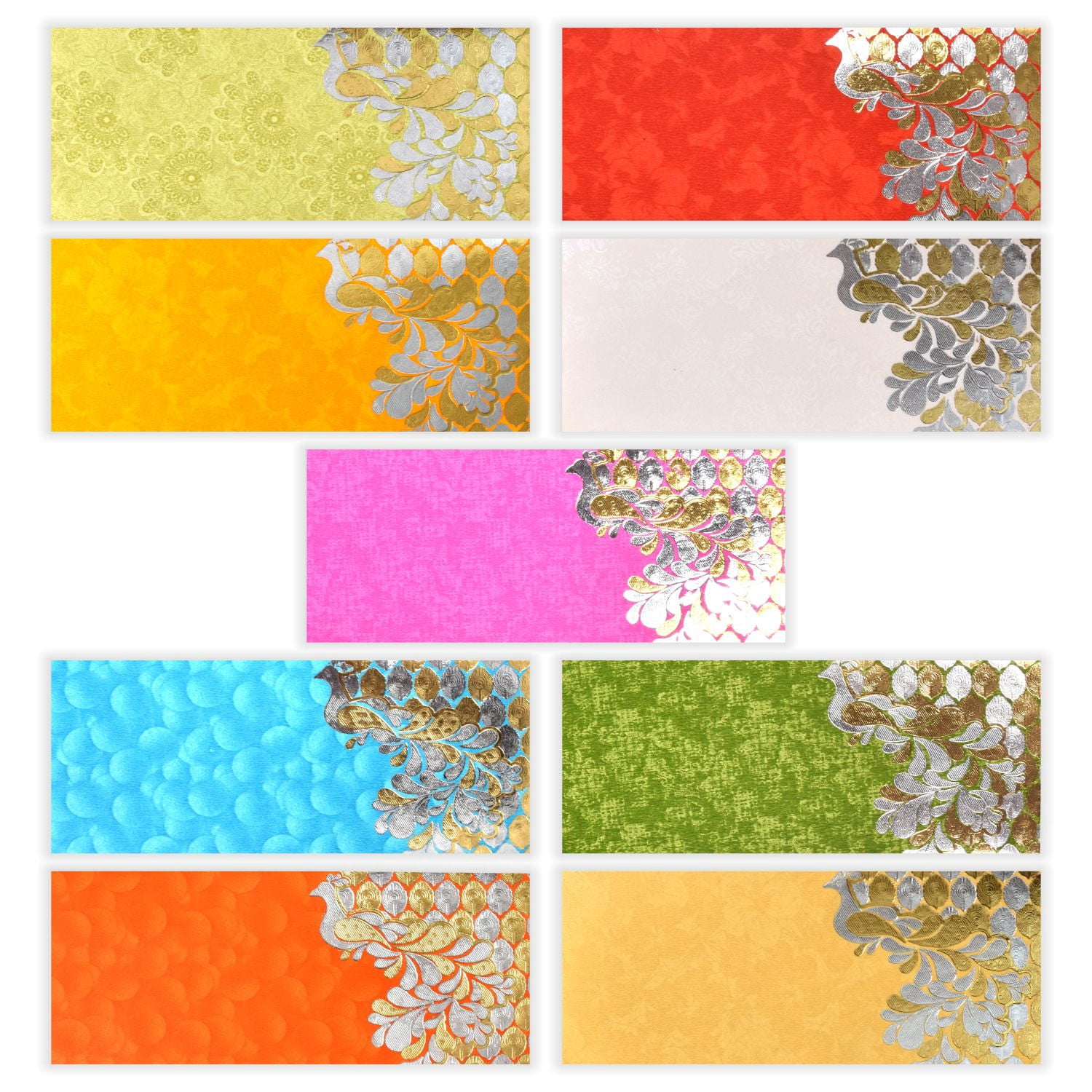 PARTH IMPEX Shagun Gift Envelope for Cash (Pack of 50) 7.5" x 3.5" Peacock Feather Gold Silver Foil Stamping Assorted Color Money Holder Card for Christmas Diwali Birthday Wedding Graduation