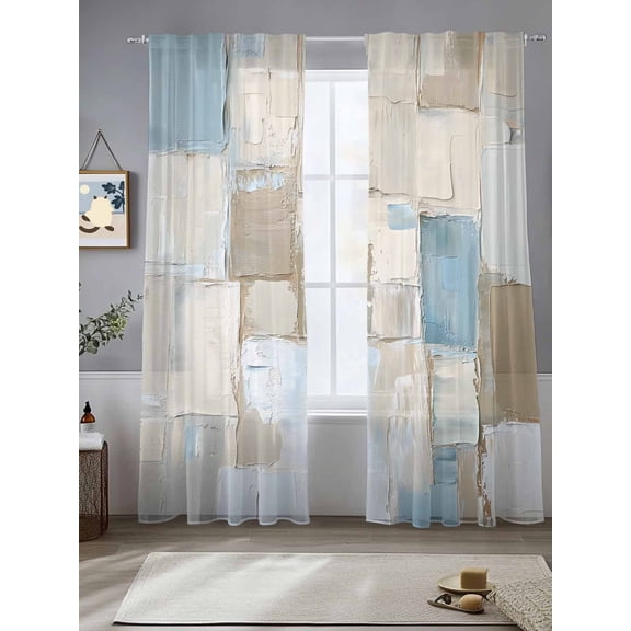 Blue Brown Color Blocks Sheer Curtains for Living Room Bedroom Abstract Oil Painting Geometric Sheer Curtains 108 Inch Long 2 Panels Set Light Filtering Curtain Window Treatments Drapes
