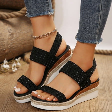 

YOUSNH Ladies Fashion Summer Open Toe Slope Heel Thick Sole Casual Sandals Women s Sandals Black 6.5(37)