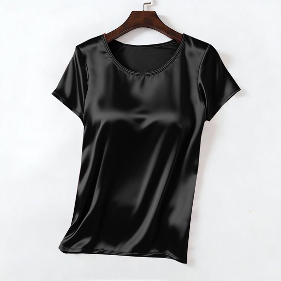 OSFVNOXV Satin Tops for Juniors Y2K Cute Tops Summer Breathable Quick Drying Short Sleeve Pajama Top with Built-In-Bra