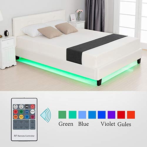 Modern Upholstered Faux Leather Platform Bed with LED Light , White