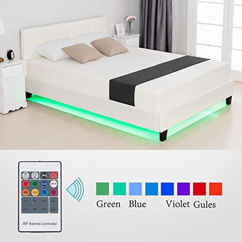Modern Upholstered Faux Leather Platform Bed with LED Light , White ...
