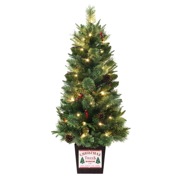 3.5' Pre-Lit Green Artificial Porch Christmas Tree with 35 Warm White LED Lights in Decorative Base, by Holiday Time
