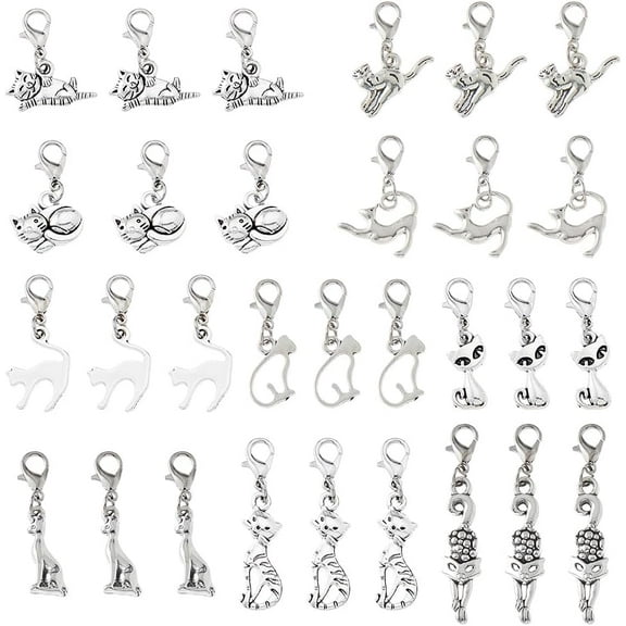 30Pcs 10 Styles Tibetan Cat Charms Pendan Pet Pendants Silve Kitten Charm Clip on Charms Zipper Pulls Alloy Lobster Claw Clasps Pendants for DIY Keychain Jewelry Making