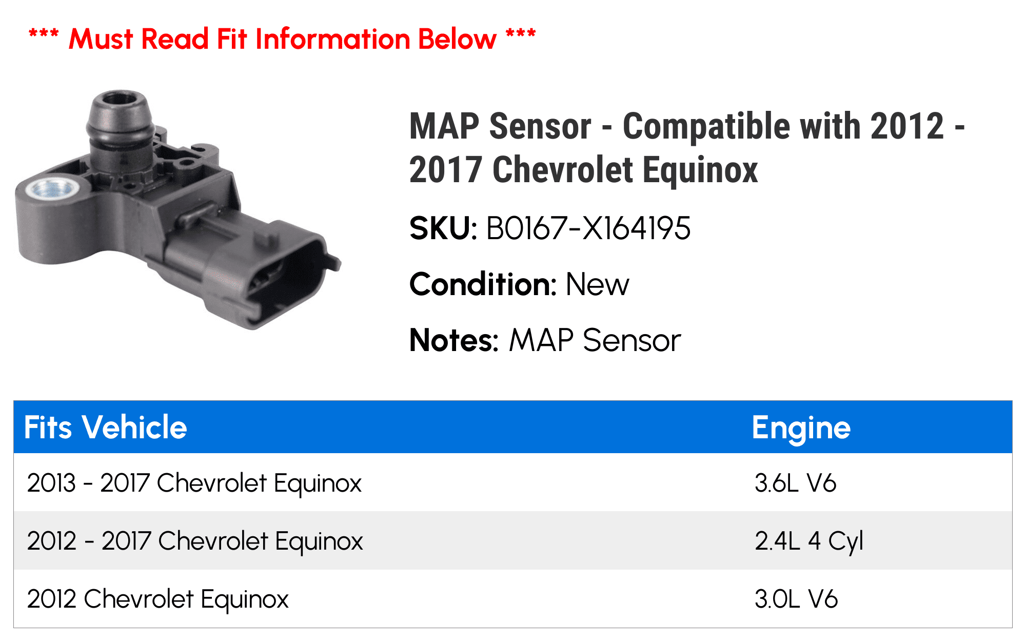 MAP Sensor - Compatible with 2012 - 2017 Chevy Equinox 2013 2014 2015 2016