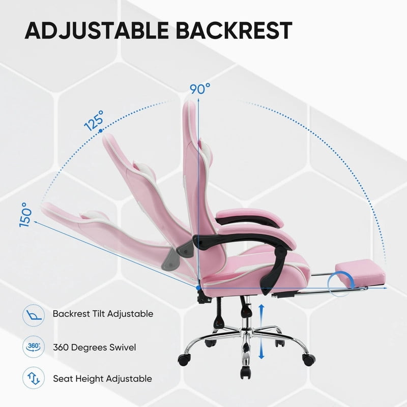 Kelno Ergonomic Gaming Chair with Headrest Pillow Lumbar Support Cushion PU Leather Swivel Recliner, Pink White