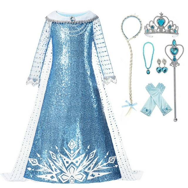HAWEE Robe de Princesse Elsa Frozen pour Filles Costumes avec Cape à Imprimé Flocon de Neige Manches Longues Robe à Paillettes Bleues
