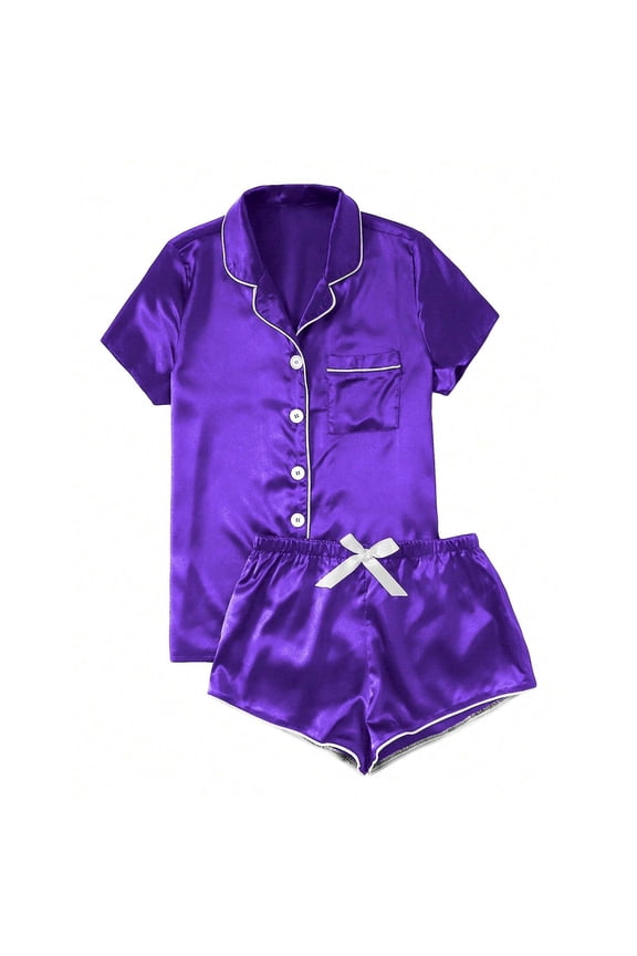 Plus Womens Vacation Outfits Purple Satin Petite Lounge Set Loose Short Sleeve Collared Short Womens Clothes,XL