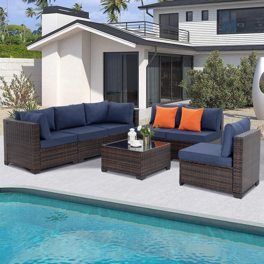 YIORTWO 7-Piece Outdoor Patio Furniture Set, PE Wicker Sectional Conversation Sofa Set with Glass Coffee Table, Weather-Resistant Cushions for Patio, Garden, Backyard, Dark Blue