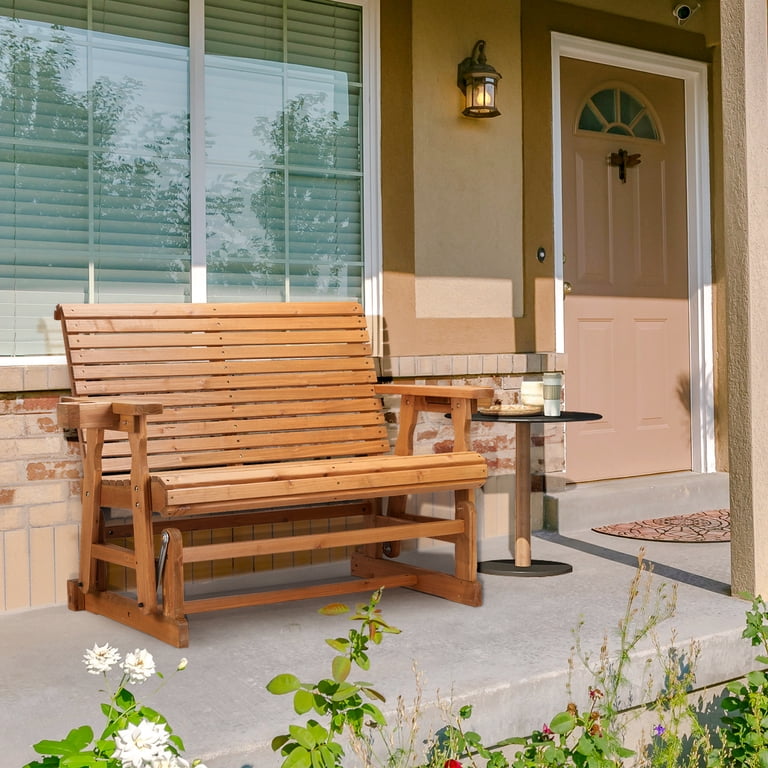 Zimtown 2-Person Wooden Glider Bench, Teak with Cup Holder photo 6